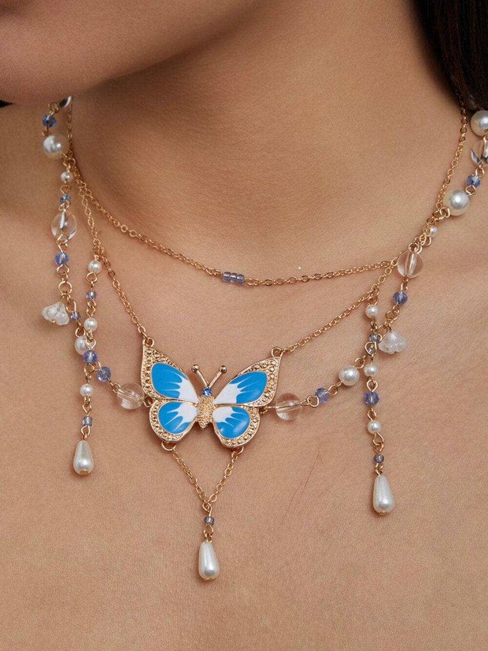 Blue White Ombre Butterfly Multi Layer Necklace Faux Pearl Blue Crystal Tassel D